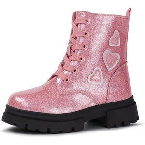Girl's Pink Fashion Shiny Rubber Combat Kids Slip-on Lightweight Ankle Boots